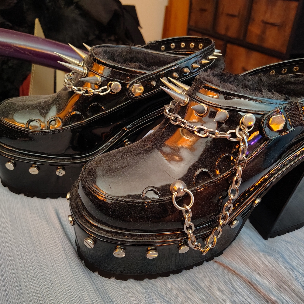 Demonia Black and Silver Platform Boots with Chain Details